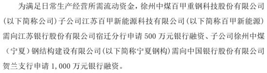 百甲科技子公司百甲新能源拟向银行申请500万融资子公司宁夏钢构拟向银行申请1000万融资(图1)