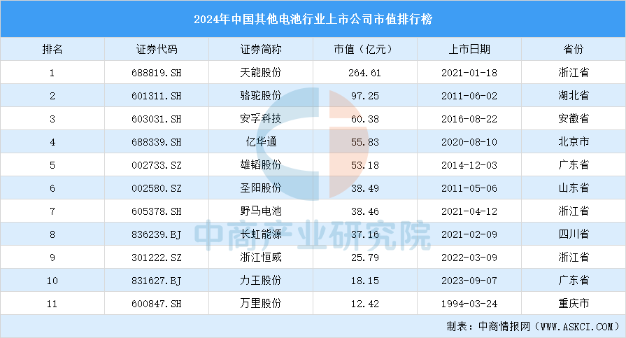 2024年中国其他电池行业上市公司市值排行榜（附榜单）(图1)