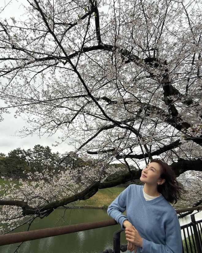 黎姿日本看樱花烫大妈头丝毫不显老54岁的脸光滑紧致无皱纹(图2)